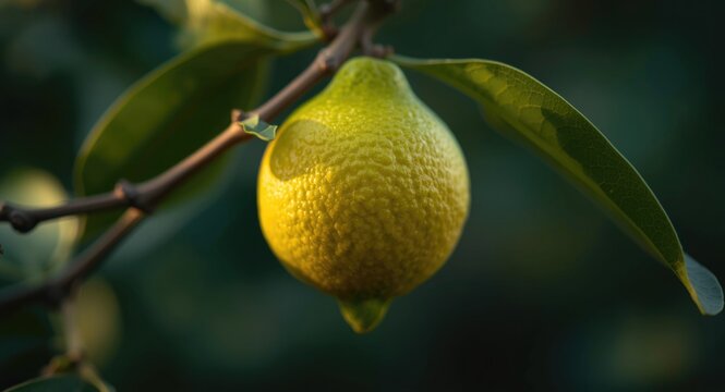 Closeup of a fresh juicy meyer lemon hanging on a tree branch