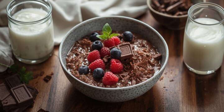 Cozy homemade chocolate rice porridge with berry garnish and shredded chocolate served next to milk on wooden table