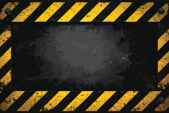 Industrial warning background with yellow and black hazard stripes. Grunge caution tape frame on dark metal texture vector illustration. Construction safety sign and danger zone alert concept.