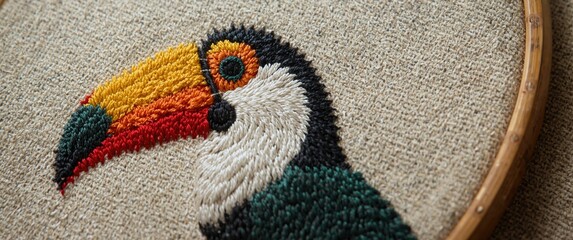 Obraz premium Hand stitched embroidery design showcasing a toucan in vibrant tropical style