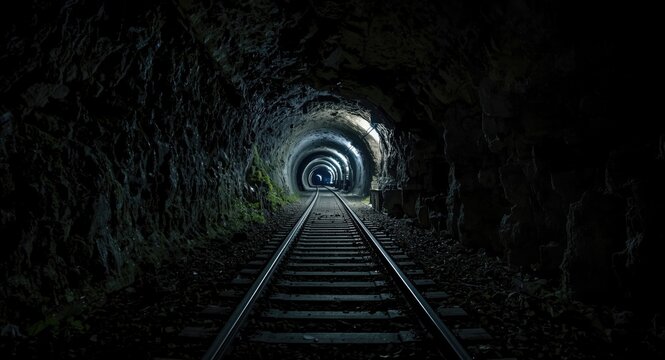 Dark underground mine tunnel with railroad tracks and copy space for text