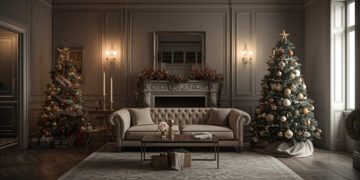Elegant living room setup showcasing sofa and Christmas tree