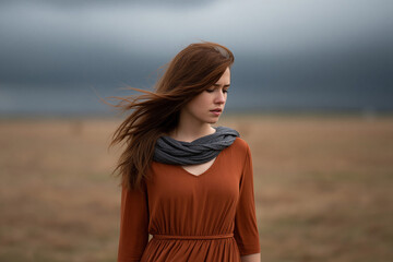 Fototapeta premium Model in fields, wind blowing, cloudy day