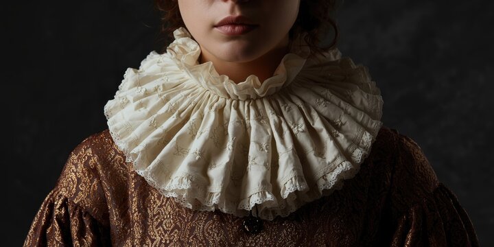 Dark background highlighting Renaissance fashion white ruffled collar with traditional millstone design