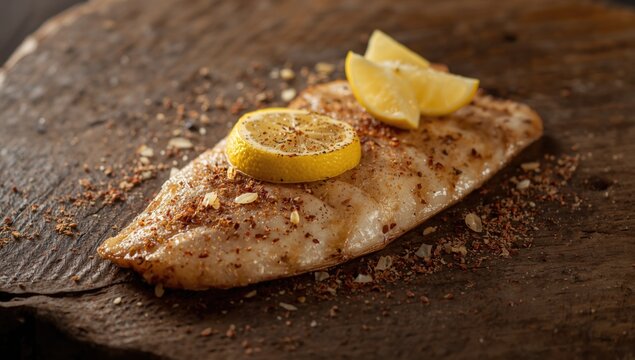Flavorful pangasius fish fillet seared with lemon wedges and seasoning on a textured counter