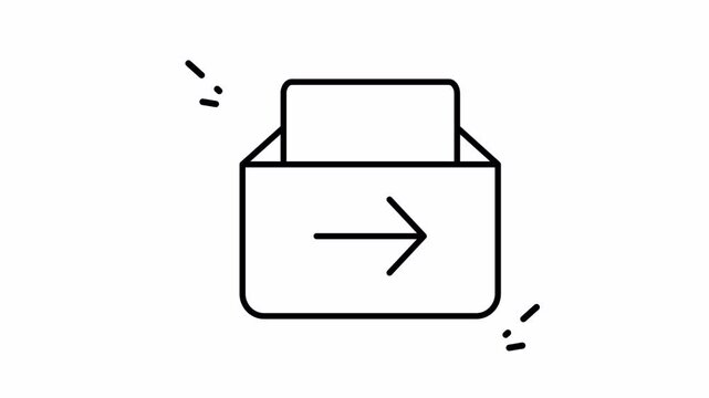 Simple line drawing of a graphic mailbox symbol with arrow and document icons in black and white. Suitable for business flyers and corporate presentations.