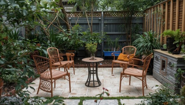 Garden yard featuring mixed metal and wooden furniture atop tiled flooring