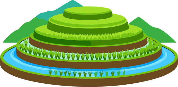 Indonesian Rice Terrace Field Green Landscape, Bali Java Traditional Agriculture Scenery, Vector Illustration