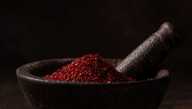 Focused image of ground red mirchi in a rustic bowl with pestle against a deep muted background