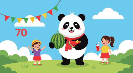 Obraz premium Cute Panda Character Eating Watermelon with Happy Children Outdoors