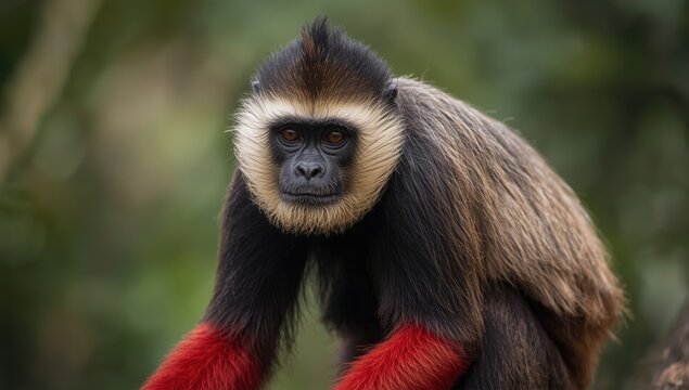 Focused headshot of a red shanked douc langur displaying distinctive red limbs in wilderness