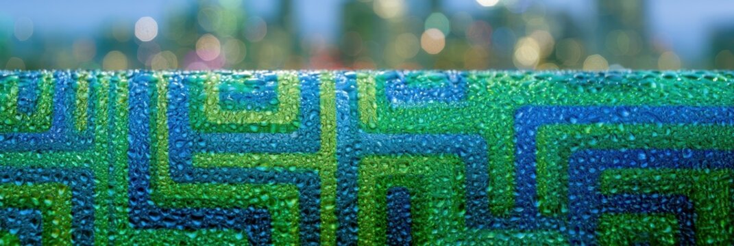 Focused macro view of intricate glass texture with water droplets on vivid jade and cobalt geometric patterns soft cityscape bokeh in background.
