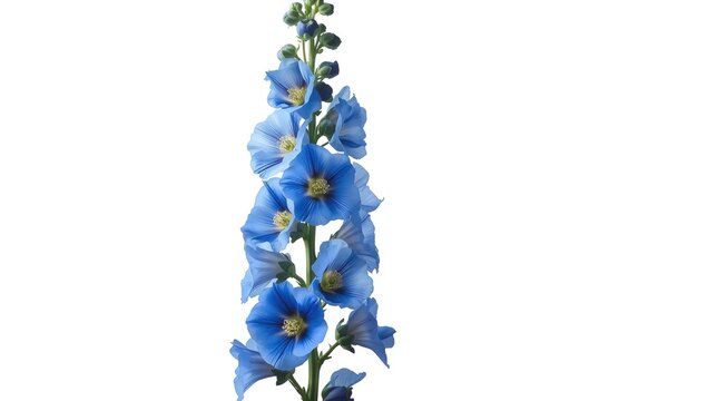 Crisp blue hollyhock blooms highlighted against a white isolated backdrop