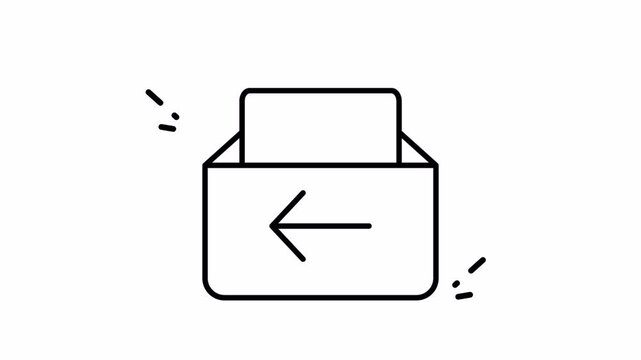 Minimalistic linear design of a paper arrow inside a simple rectangular box, pointing left. Suitable for presentations, graphics, and icons.