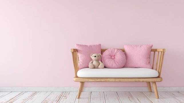 Wooden settee adorned with soft cushions and a small plush companion rests against a solid pale pink wall above light flooring