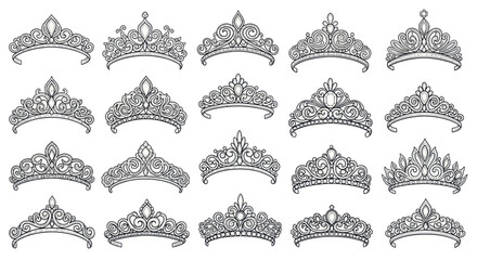 Collection of ornate tiaras and crowns, hand-drawn sketch style, isolated on white © Pensil
