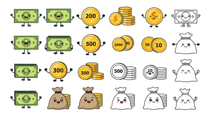 Fototapeta premium Cute Money Characters: Bills, Coins, and Money Bags with Happy Faces