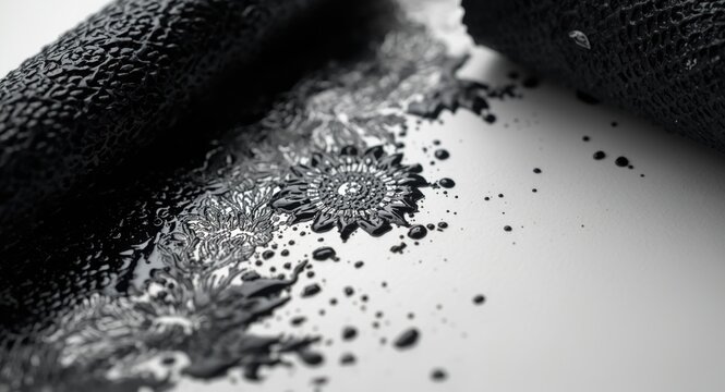 Close-up view of wet black lino ink residue on white backdrop with textured linocut roller and copy space