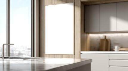 Fototapeta premium Blank rectangular poster hangs on wooden paneling in a modern interior space with a countertop and bright window view