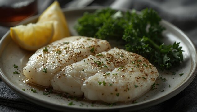 Haddock fillets paired with lemon wedges and sprigs of parsley
