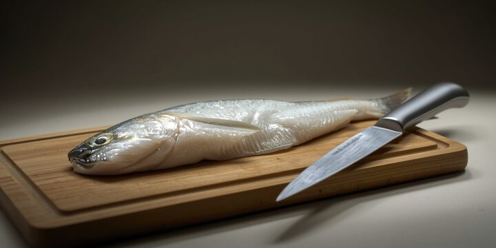 Hake fish fillet raw on a kitchen board with a stainless steel knife