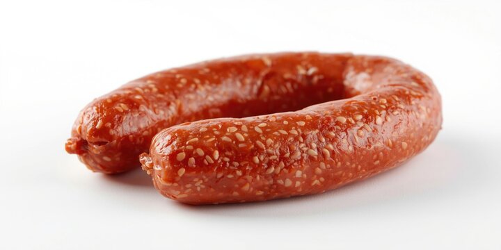Dry cured fuet sausage shown in crisp focus over a white backdrop