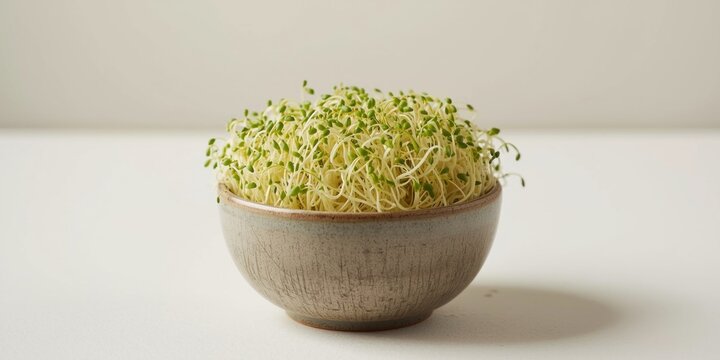 Freshly harvested alfalfa sprouts in a textured ceramic bowl emphasizing natural green tones on a clean neutral background