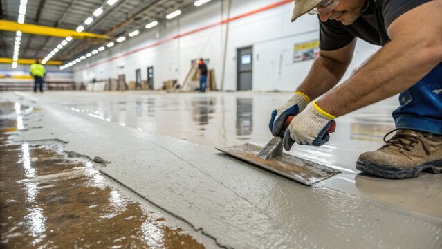 Construction worker smoothing concrete on a large indoor floor in a warehouse or industrial building under bright overhead lighting.