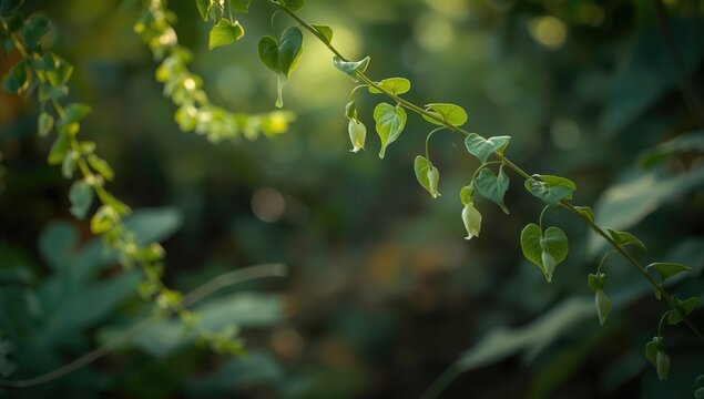 Forest medicinal cowslip creeper with heart shaped green leaves on hanging vines