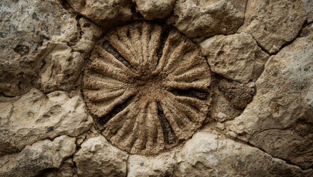 Close up shot of a large nummulite fossil embedded in fossiliferous Palaeogene limestone with copy space