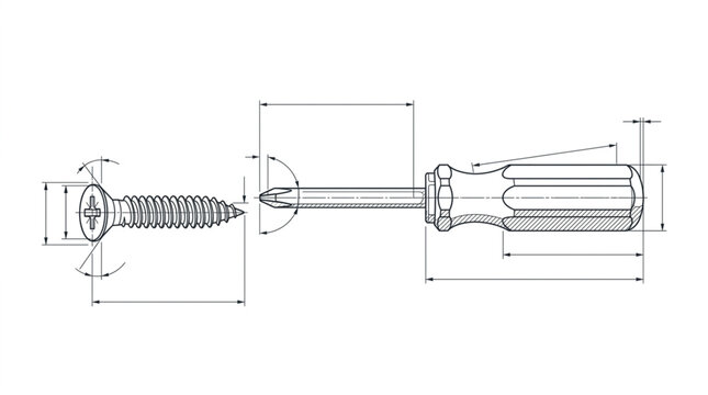 Detailed technical drawing of a screwdriver and screw with measurements.