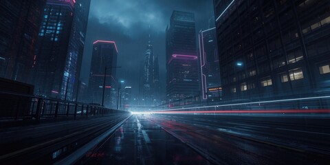 Naklejka premium Gloomy illuminated cityscape featuring advanced 5G technology in a cyber future setting