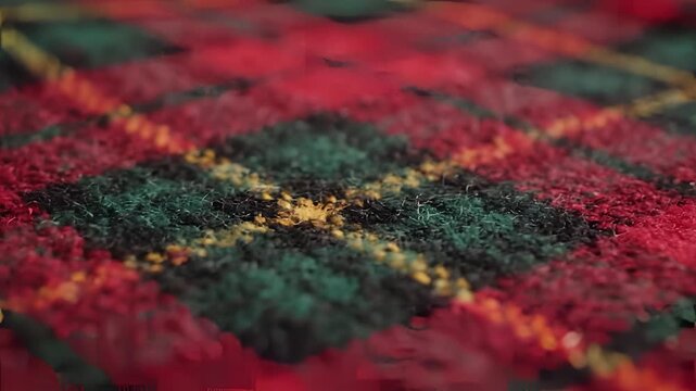 Closeup Macro Shot of Red and Green Tartan Fabric Texture.