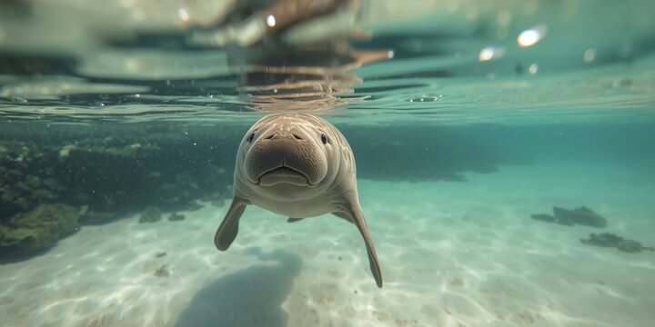 Cute dugong gliding calmly in shallow tropical sea waters