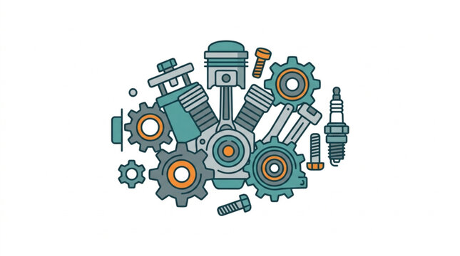 Detailed illustration of an internal combustion engine with gears and spark plug.