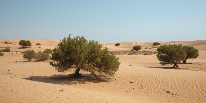 Hardy evergreen Ghaf trees spreading across dry desert sand dunes landscape