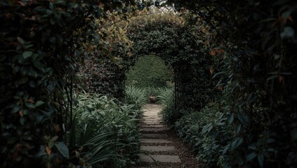 Fototapeta premium Elegant garden area with a stone pathway blending into dense garden foliage