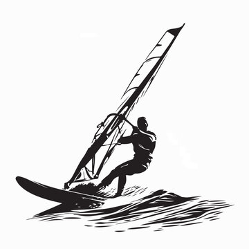 Windsurfer Action on Storm Waves Illustration Isolated On White Background