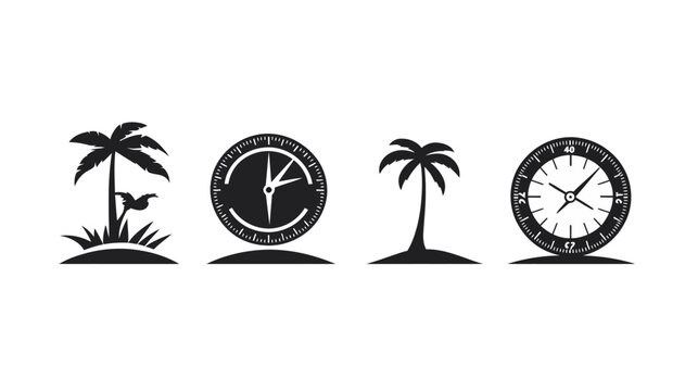 A collection of black and white vector graphics, featuring palm trees, compasses and clocks