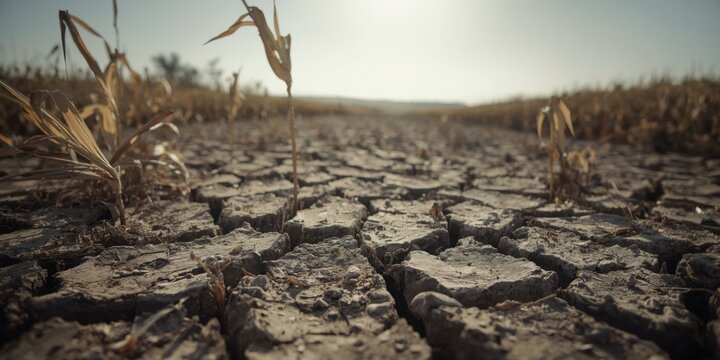 Drought stressed earth in maize farmland illustrating agriculture and climate change