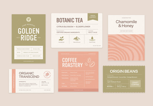 Product Label Template Set For Packaging Stickers, Bottle Tags, Coffee Tea Cosmetic Branding Bags & Jars