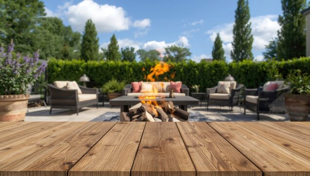 Cozy rustic wooden tabletop with fire pit and flower pots enhancing a sunny outdoor patio ambiance