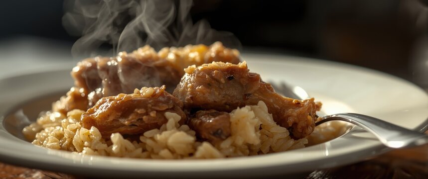 Close up view of chicken and rice leftovers on plate with fork for cooking idea