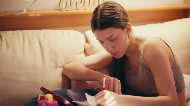 Close up of a concentrated teenage girl copying small text from her phone to create a tiny cheat sheet, preparing for an academic exam while sitting on a comfortable sofa in a living room.