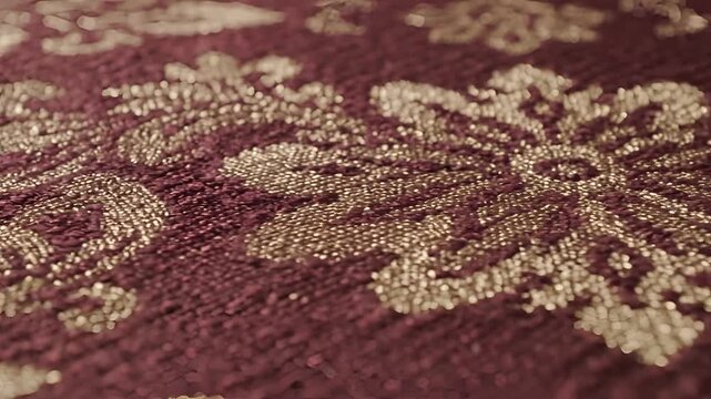 Closeup of intricate brocade fabric with floral patterns in burgundy and gold.