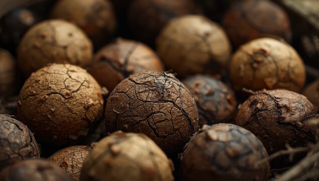 Close up imagery of common earthballs group showing organic rough textures and earthy colors in woods