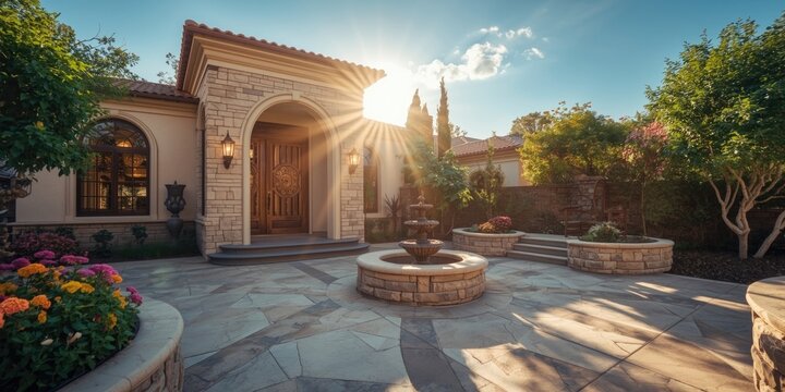 Enhanced house facade with a stone tiled courtyard and artistic landscaping under radiant sunlight with copy space