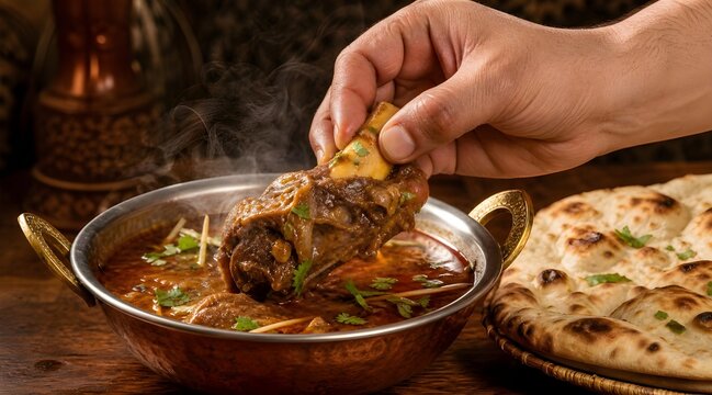Strong male hand holding hot mutton nihari with naan in warm traditional restaurant atmosphere