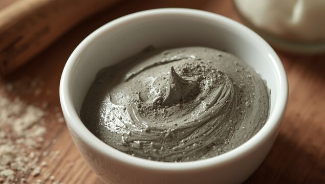 DIY spa treatment with bentonite clay mask in small white bowl close-up copy space