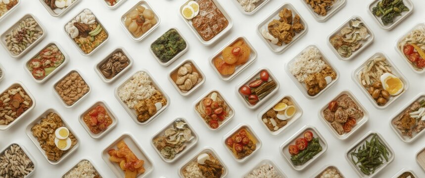 Collection of frozen ready meals set against a clean white background with ample copy space